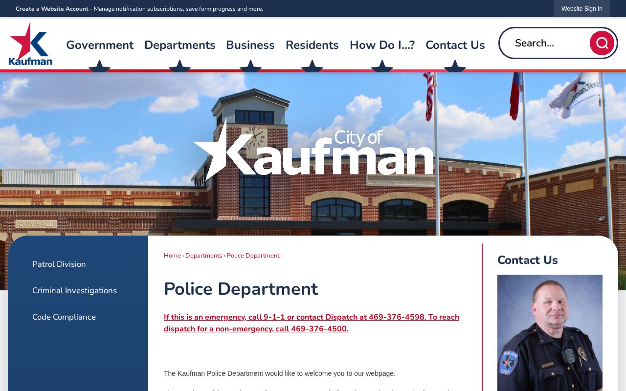 Kaufman Police Department official contact page