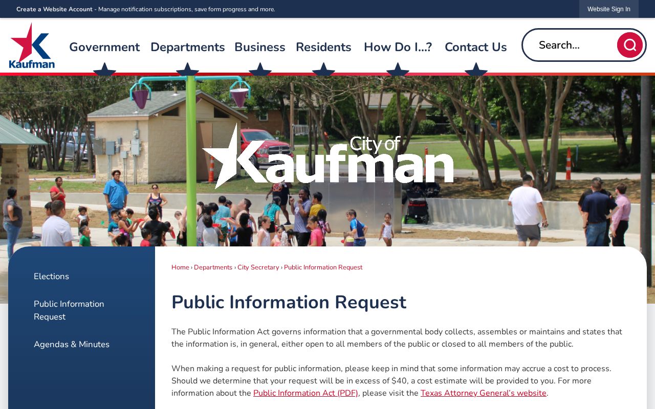 Kaufman Police public-information request page